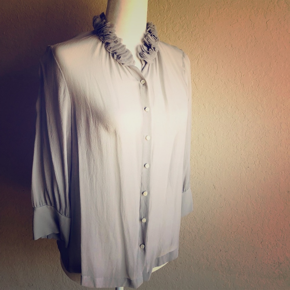 J. Crew Light Gray Ruffle Collar Button-Up Blouse